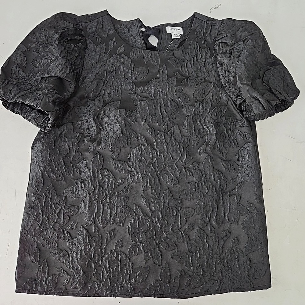NWT J Crew Textured Top XS Puff Sleeve Black Party Tie Neck Whimsigoth Dressy